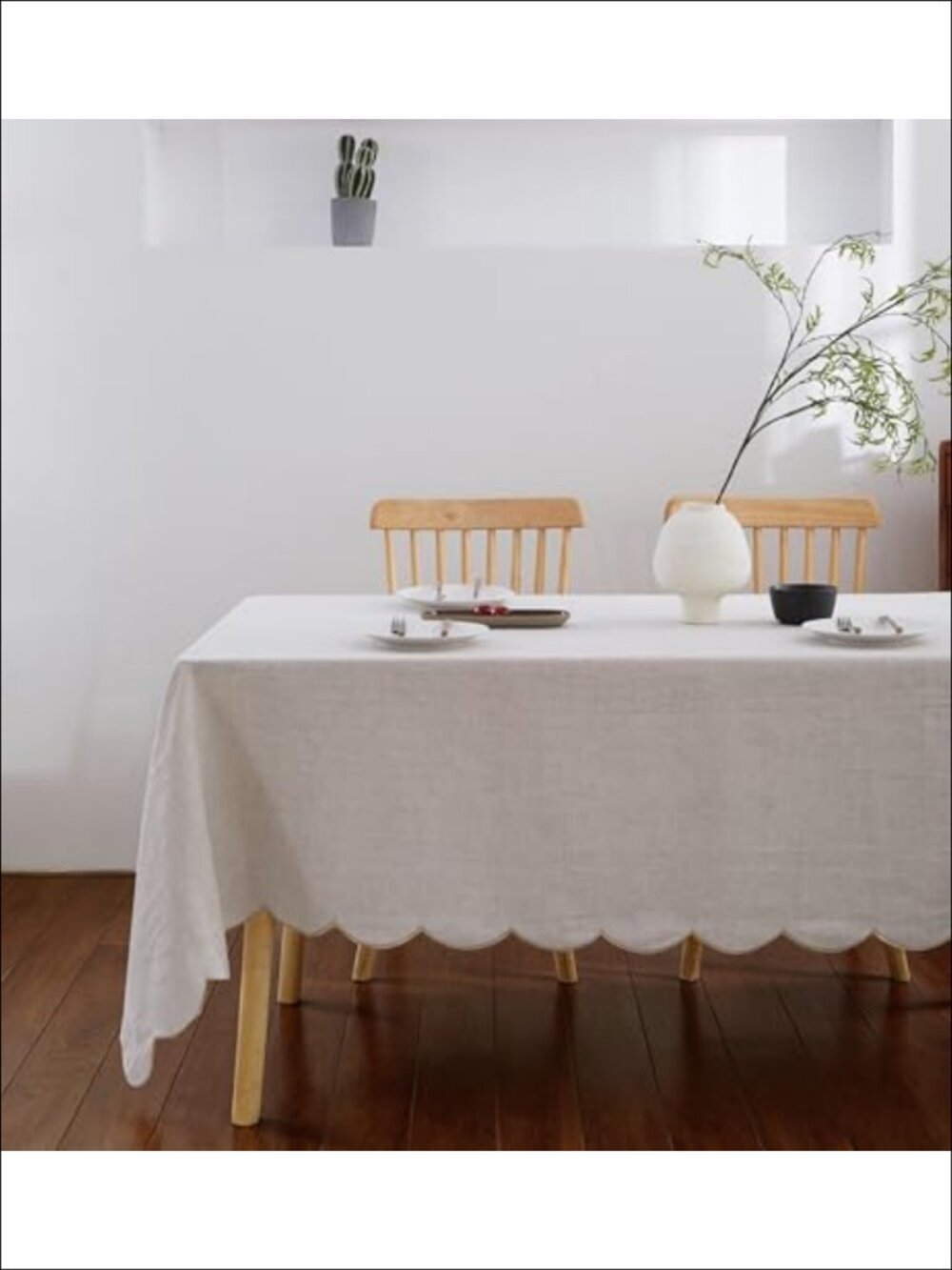 100% French Flax Linen Scalloped Embroidery Tablecloth 108x60 for Dining